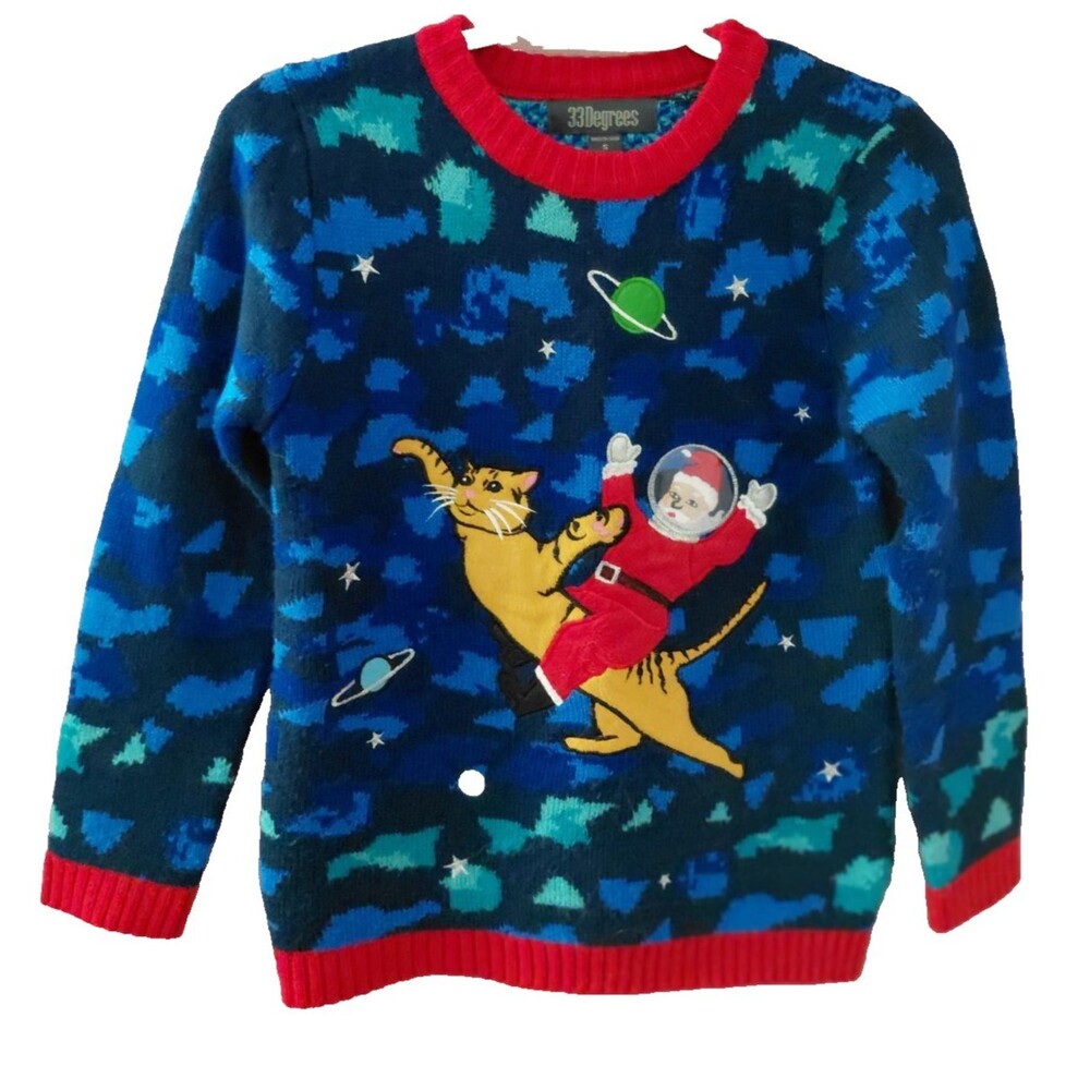 33 Degrees Christmas Sweater Blue Camo Knit Space Santa Cat Size Small